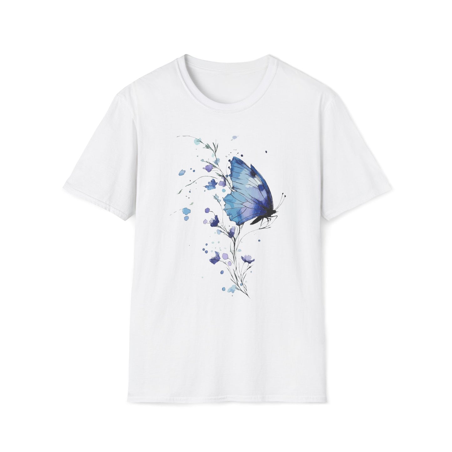 Blue Bloom Butterfly T-Shirt – Watercolor Elegance in Flight T-shirt