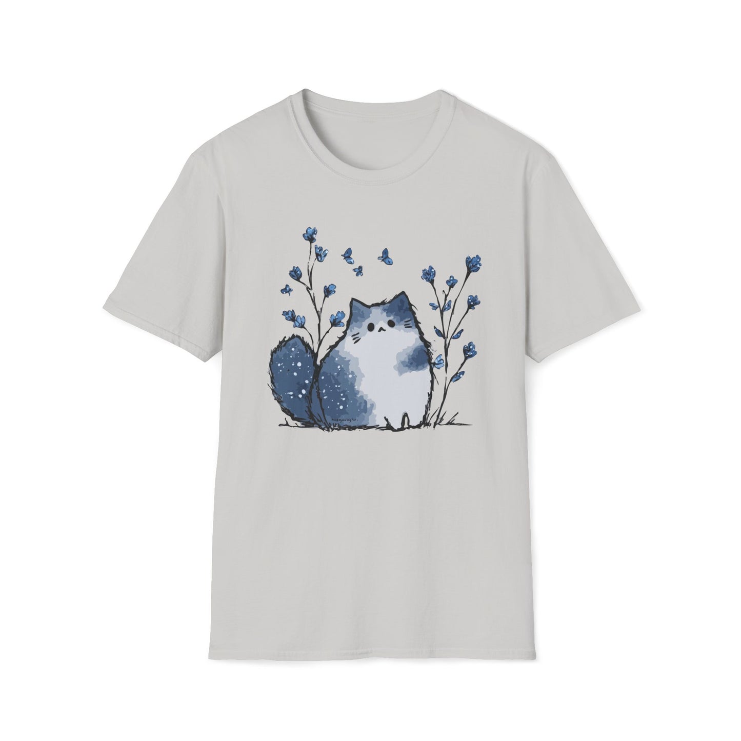 Floral Cat Softstyle T-Shirt - Blue Aesthetic Tee