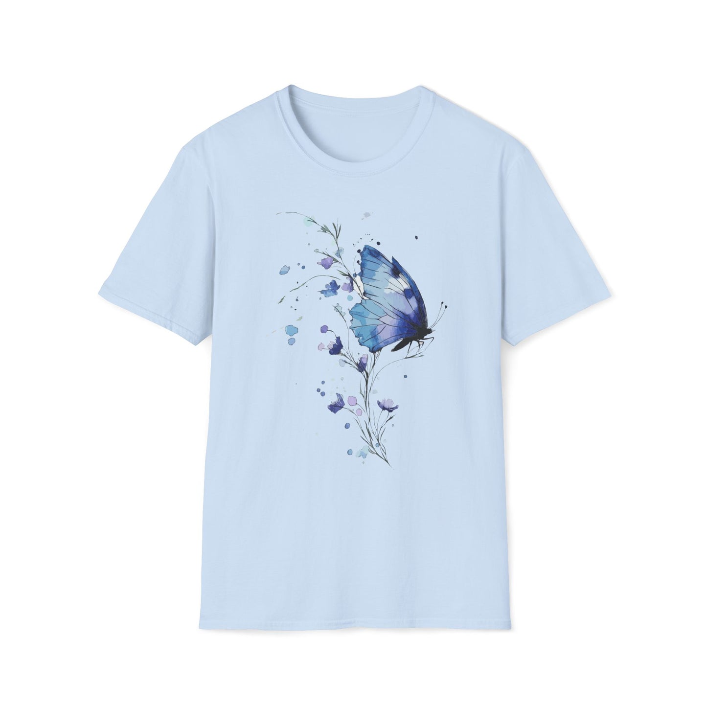 Blue Bloom Butterfly T-Shirt – Watercolor Elegance in Flight T-shirt