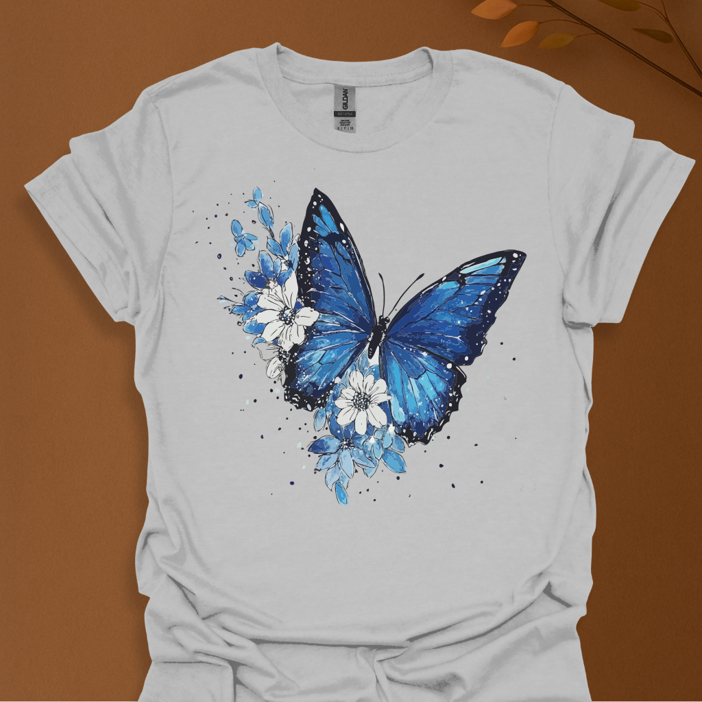 Midnight Bloom – Blue Butterfly Floral T-Shirt
