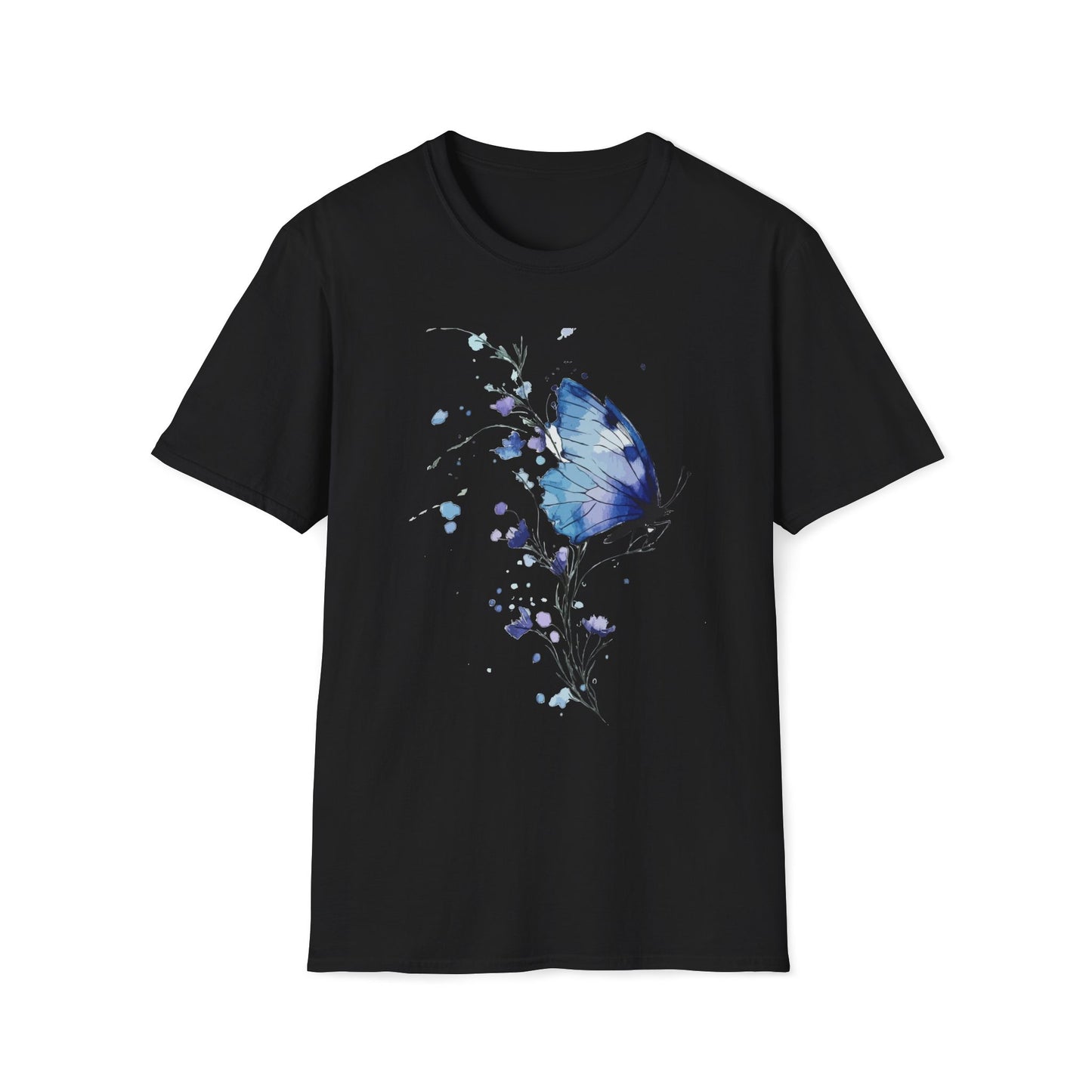 Blue Bloom Butterfly T-Shirt – Watercolor Elegance in Flight T-shirt