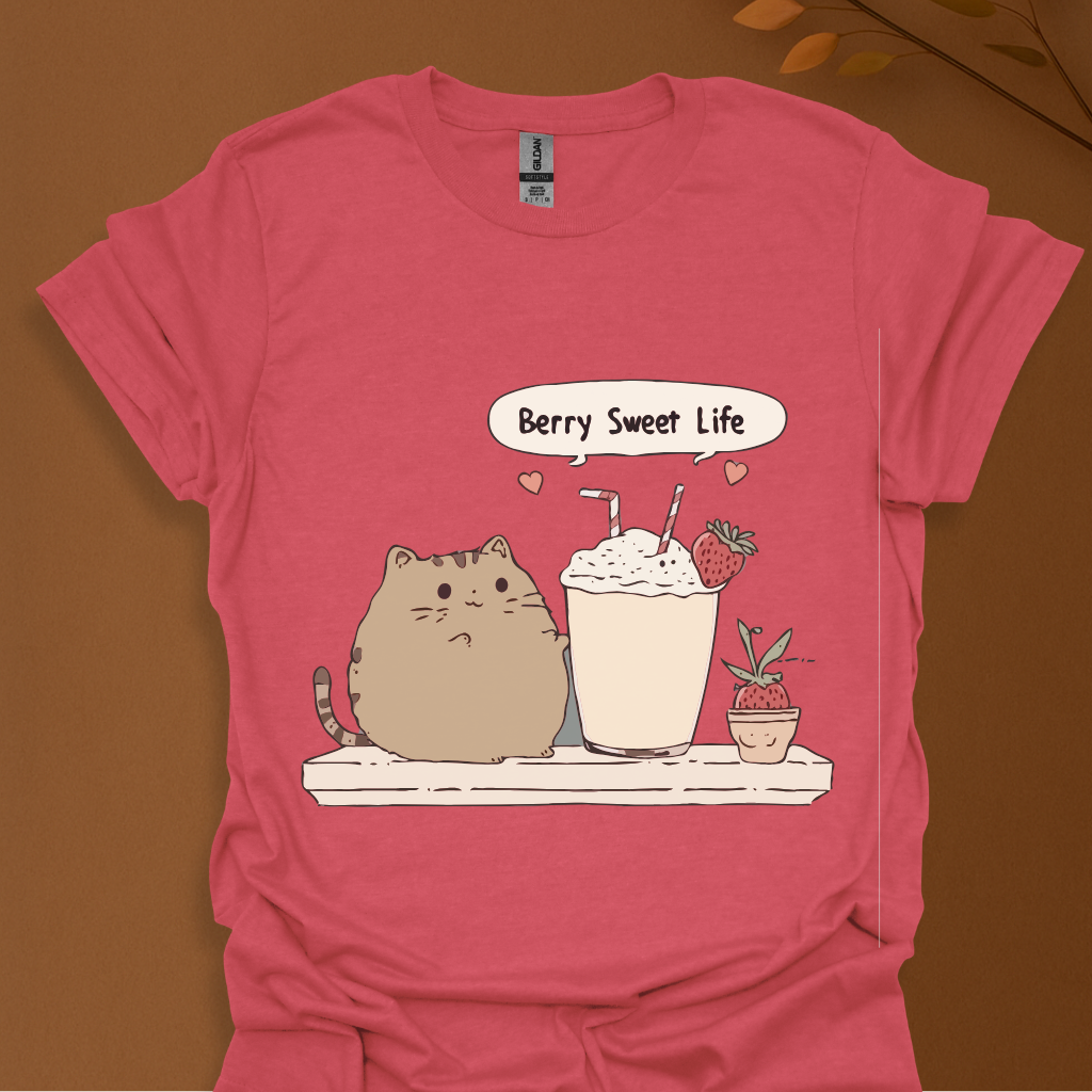 Berry Sweet Life – Kawaii Cat and Strawberry Milkshake T-Shirt