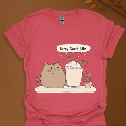 Berry Sweet Life – Kawaii Cat and Strawberry Milkshake T-Shirt