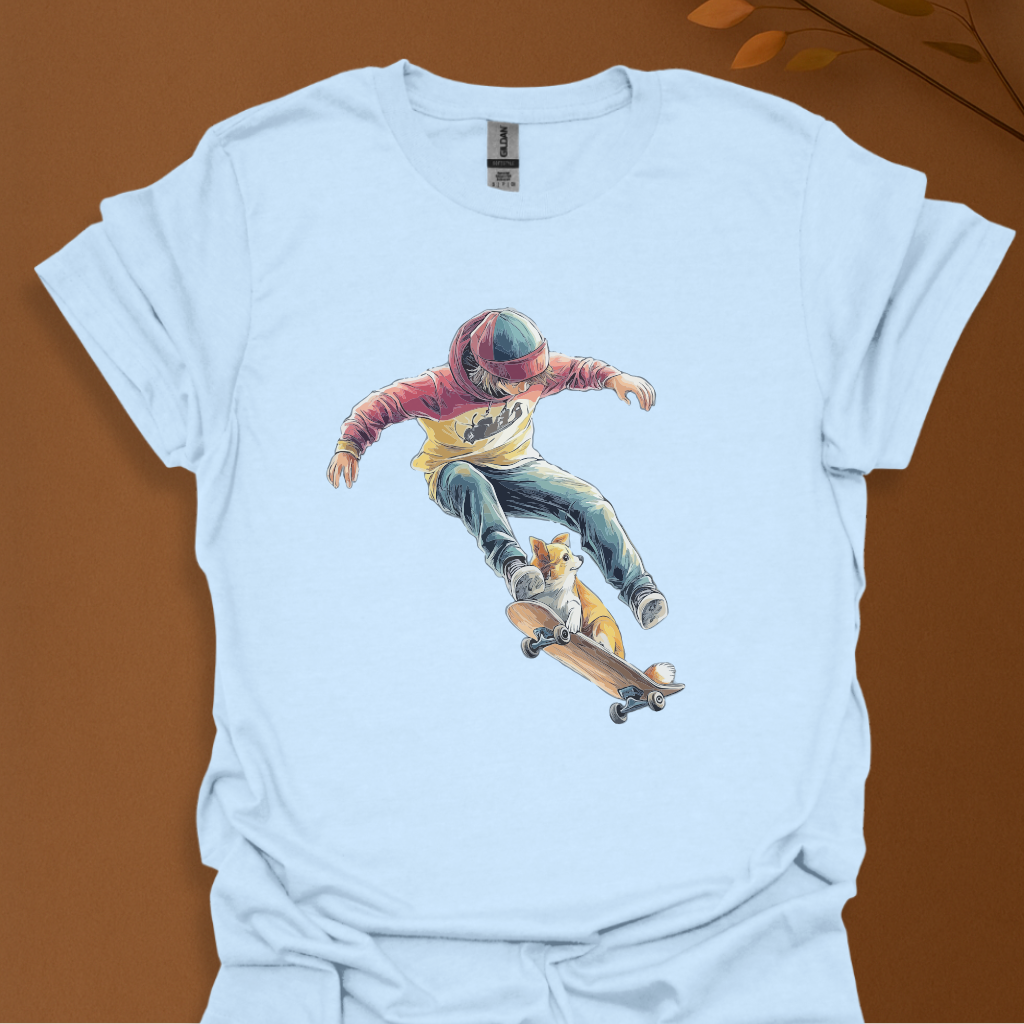 Skate or Snuggle – Cool Skater Boy and Corgi Dog T-Shirt
