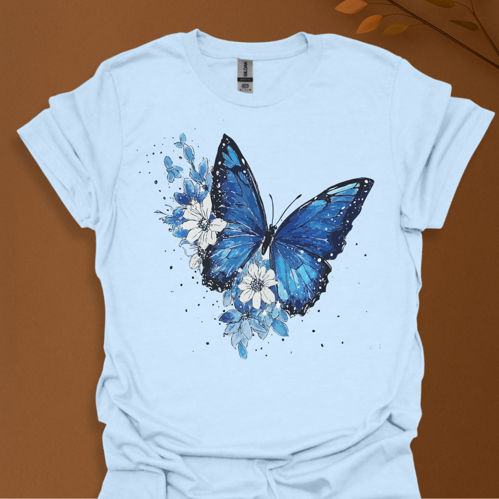 Midnight Bloom – Blue Butterfly Floral T-Shirt