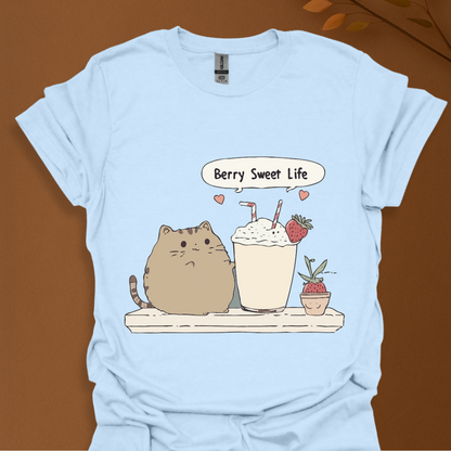 Berry Sweet Life – Kawaii Cat and Strawberry Milkshake T-Shirt