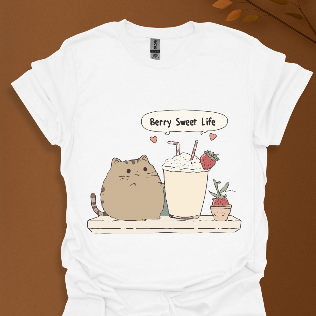 Berry Sweet Life – Kawaii Cat and Strawberry Milkshake T-Shirt