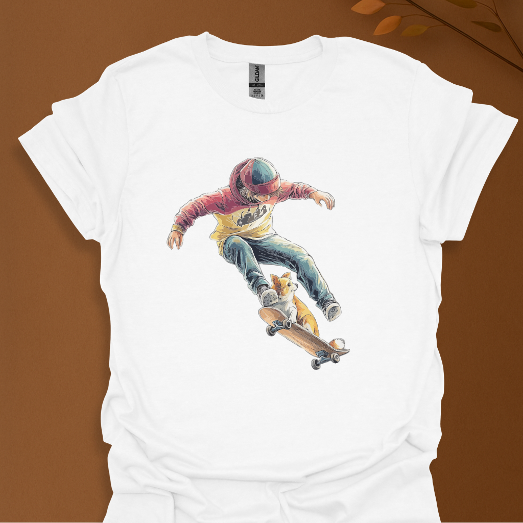 Skate or Snuggle – Cool Skater Boy and Corgi Dog T-Shirt