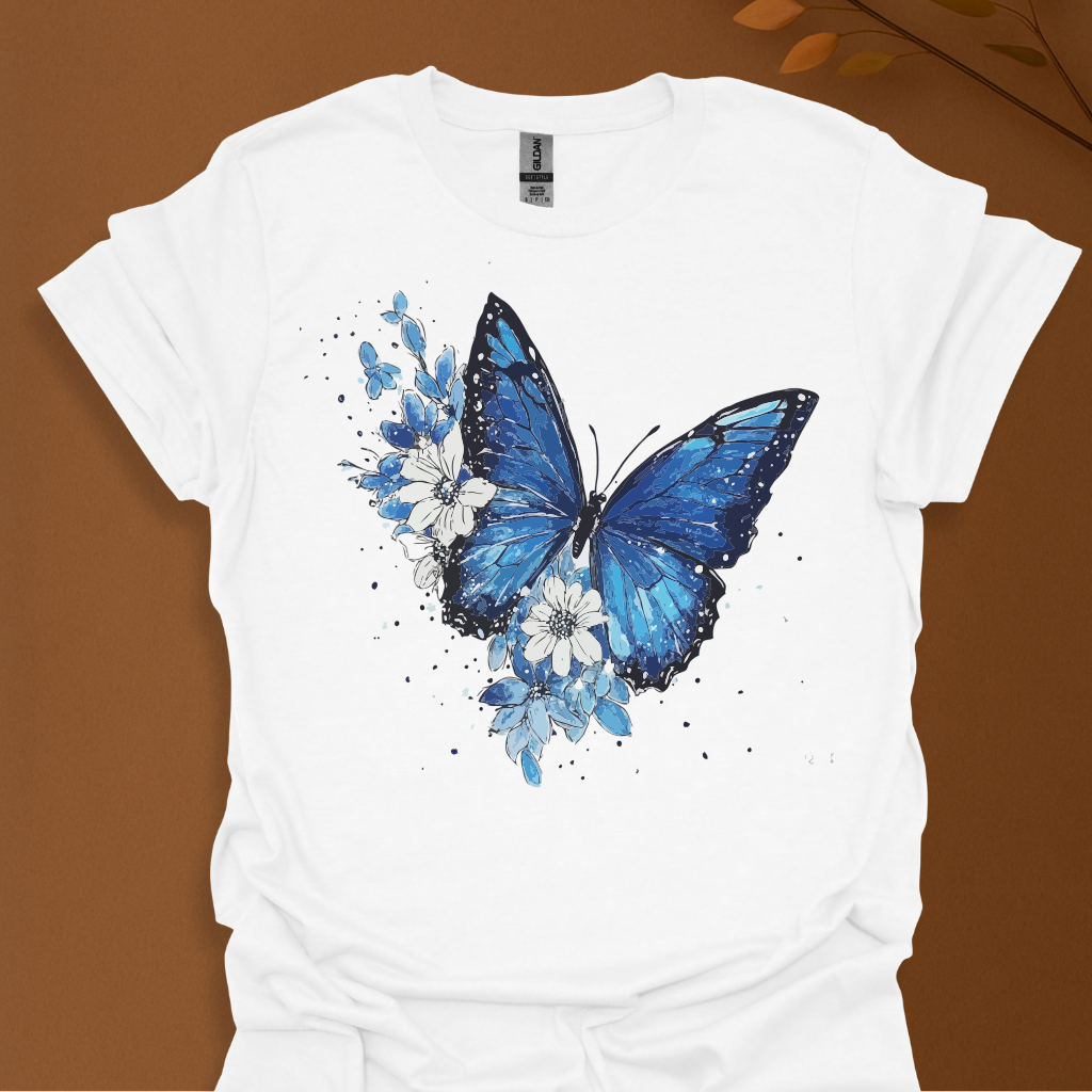 Midnight Bloom – Blue Butterfly Floral T-Shirt