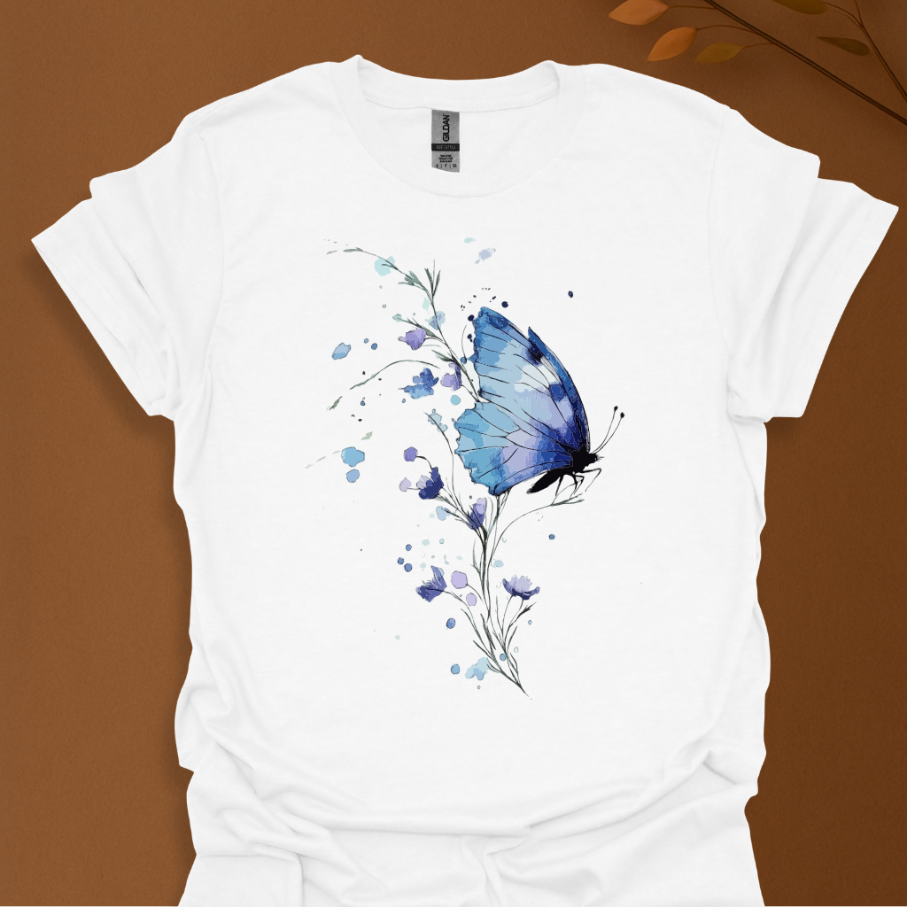 Blue Bloom Butterfly T-Shirt – Watercolor Elegance in Flight T-shirt