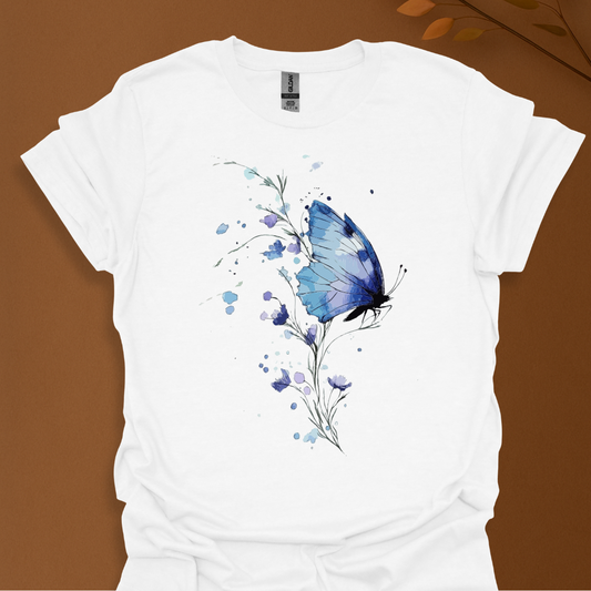 Blue Bloom Butterfly T-Shirt – Watercolor Elegance in Flight T-shirt