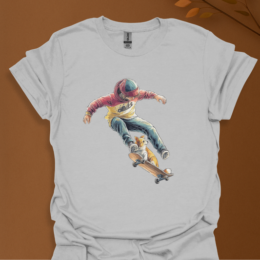 Skate or Snuggle – Cool Skater Boy and Corgi Dog T-Shirt