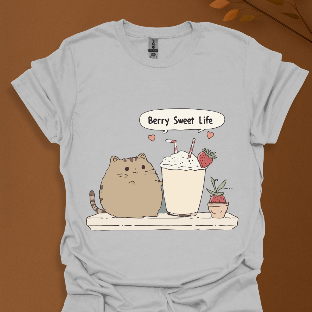 Berry Sweet Life – Kawaii Cat and Strawberry Milkshake T-Shirt