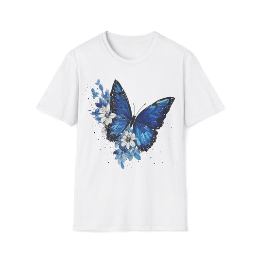 Midnight Bloom – Blue Butterfly Floral T-Shirt
