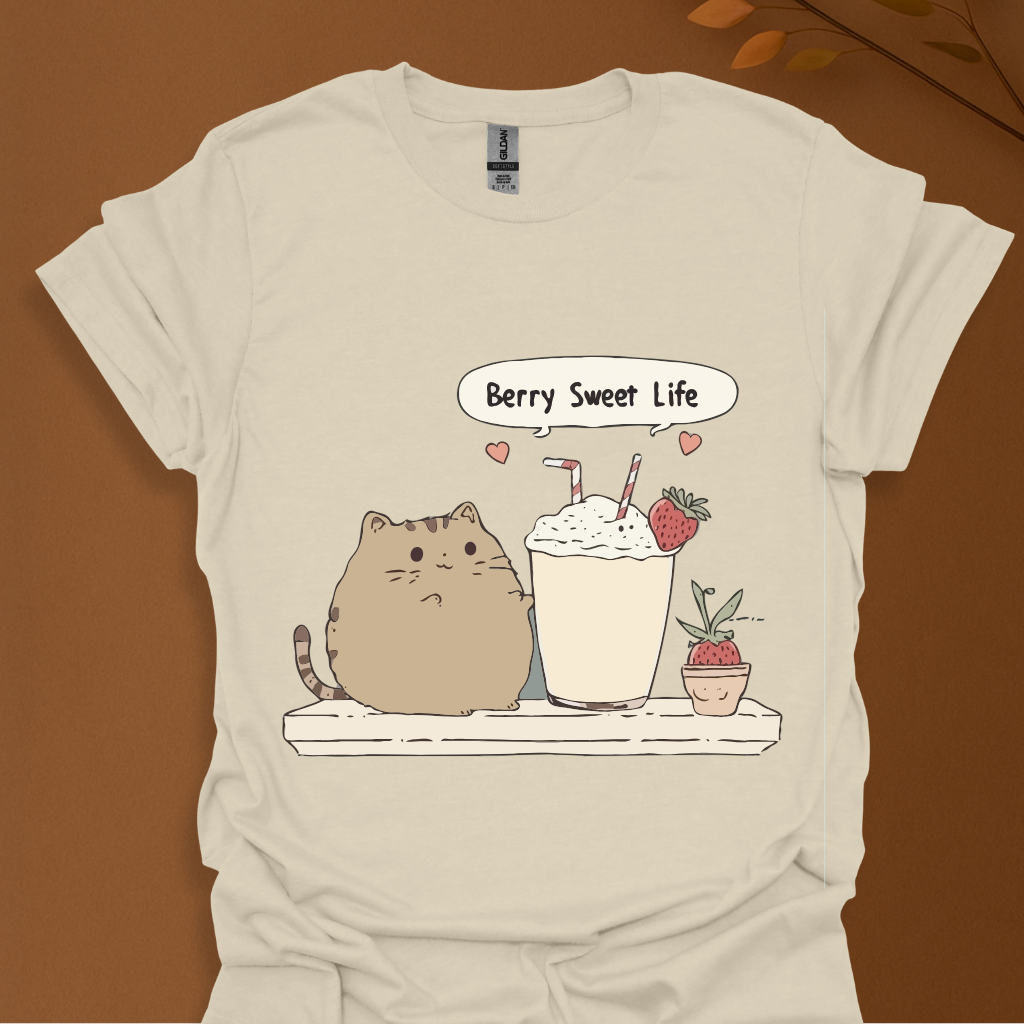 Berry Sweet Life – Kawaii Cat and Strawberry Milkshake T-Shirt