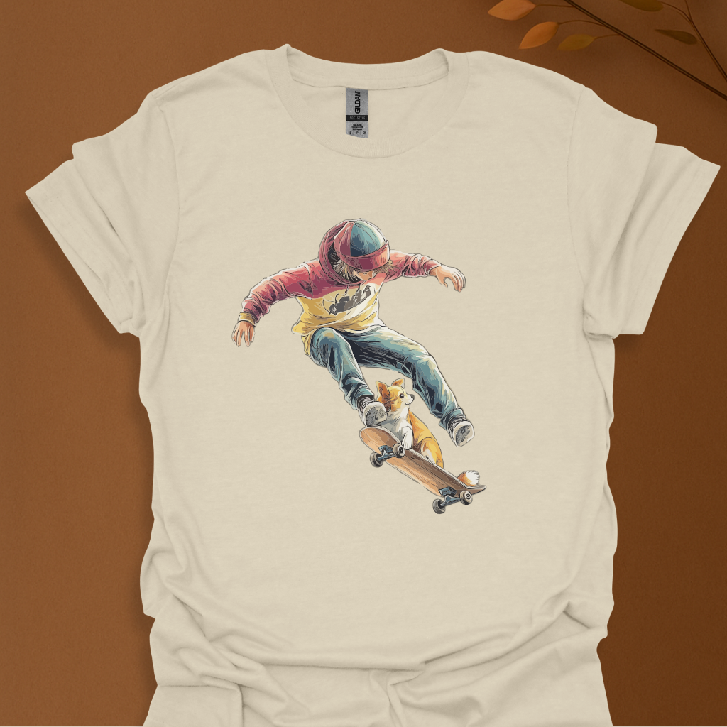 Skate or Snuggle – Cool Skater Boy and Corgi Dog T-Shirt
