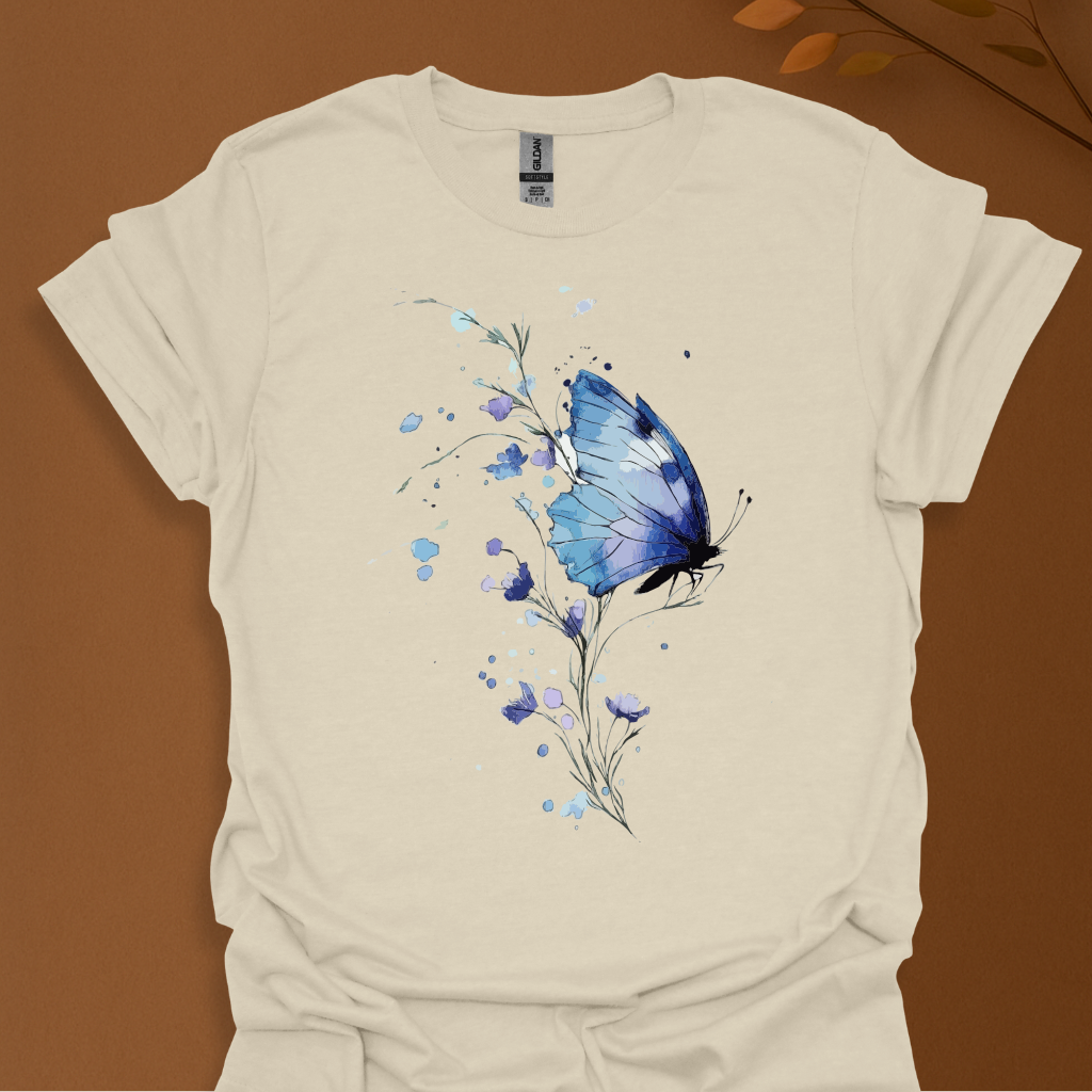 Blue Bloom Butterfly T-Shirt – Watercolor Elegance in Flight T-shirt