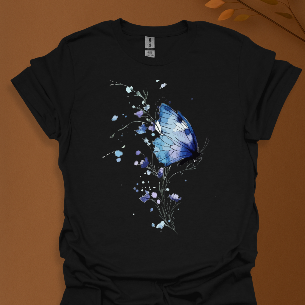 Blue Bloom Butterfly T-Shirt – Watercolor Elegance in Flight T-shirt