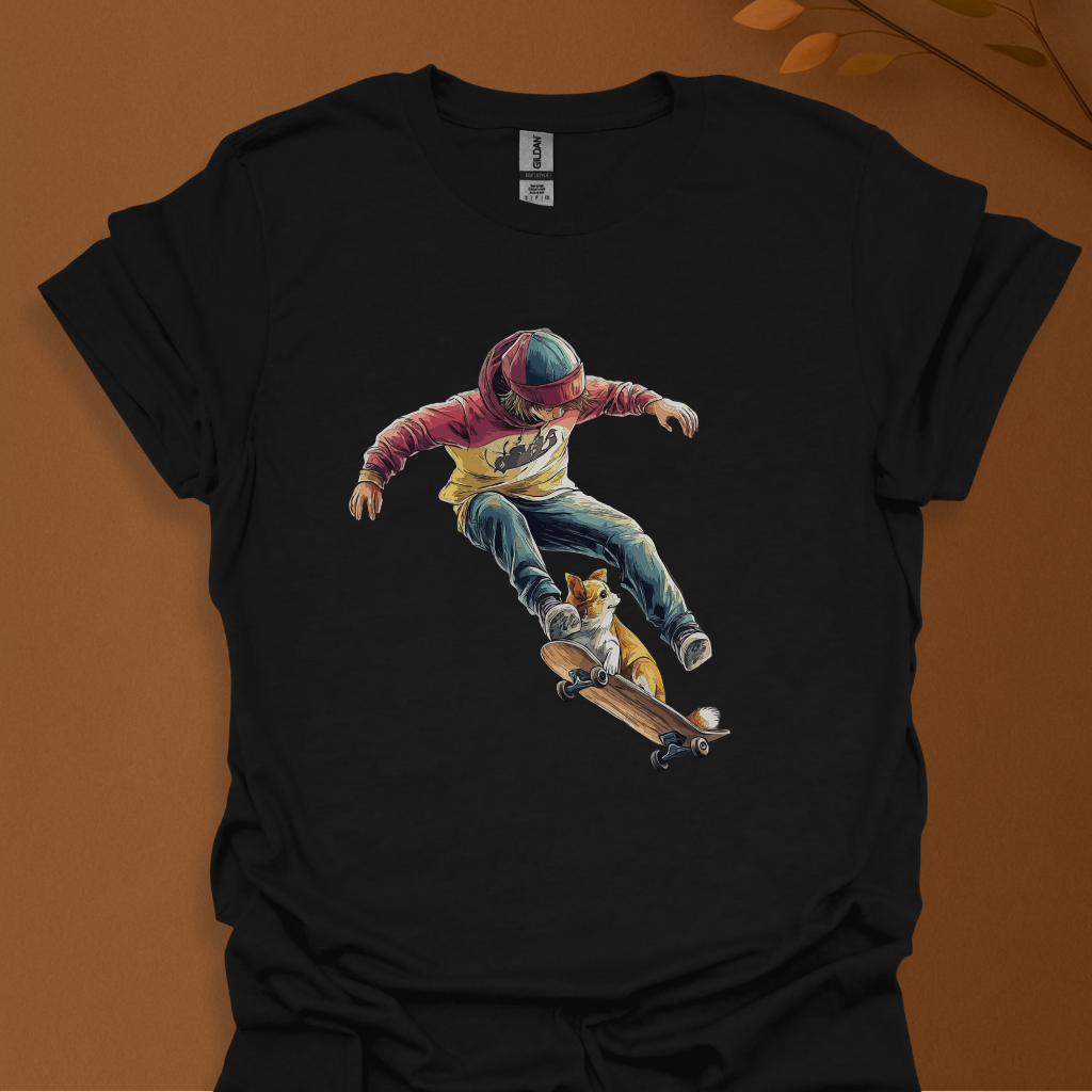 Skate or Snuggle – Cool Skater Boy and Corgi Dog T-Shirt