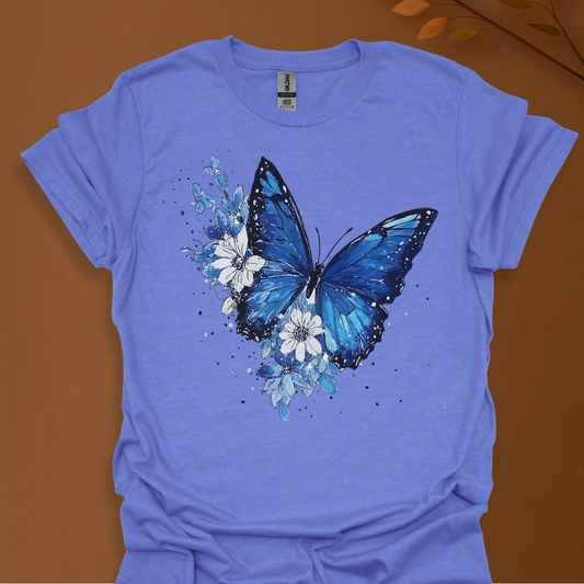 Midnight Bloom – Blue Butterfly Floral T-Shirt