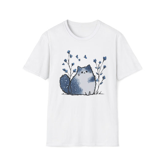 Floral Cat Softstyle T-Shirt - Blue Aesthetic Tee