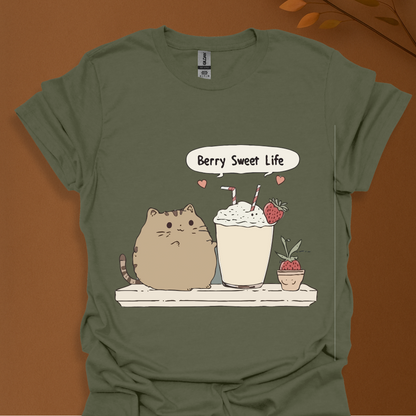 Berry Sweet Life – Kawaii Cat and Strawberry Milkshake T-Shirt