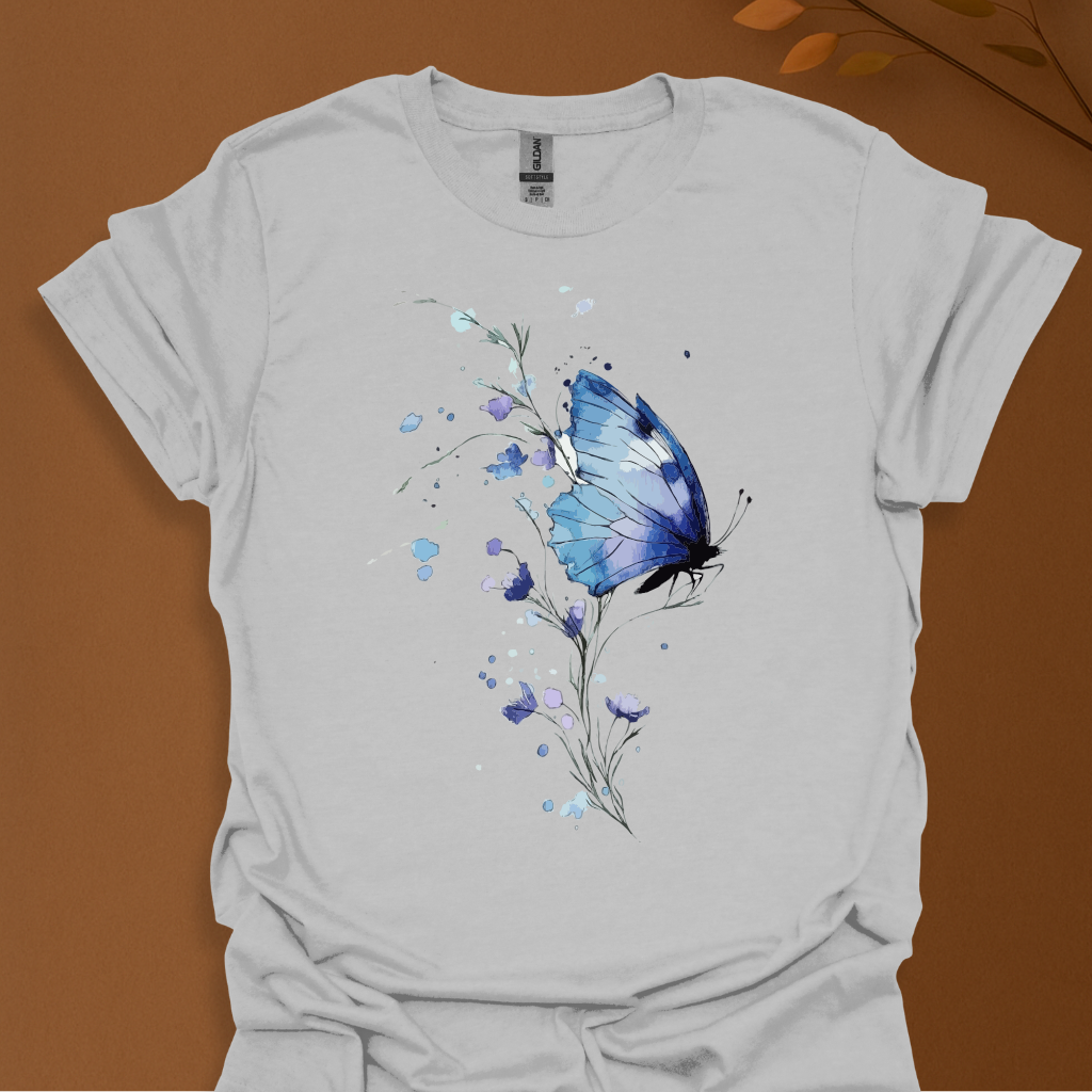 Blue Bloom Butterfly T-Shirt – Watercolor Elegance in Flight T-shirt