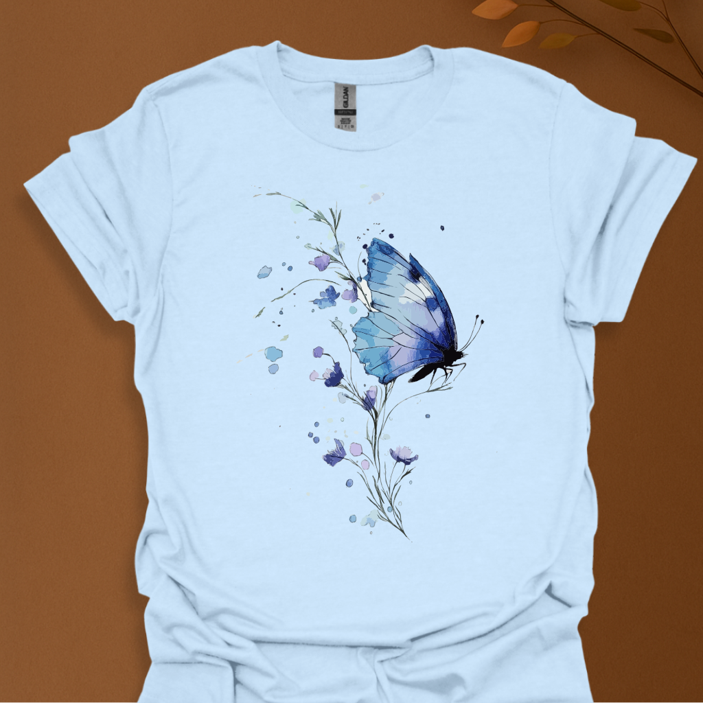 Blue Bloom Butterfly T-Shirt – Watercolor Elegance in Flight T-shirt